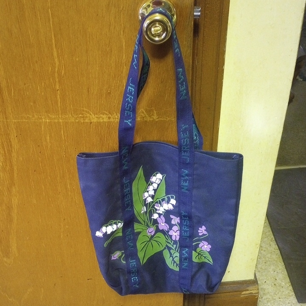 New Jersey Floral Canvas Tote Bag, Navy Blue, Green, Purple. White, Grocery Sack